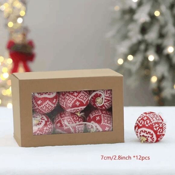 Brand New Red and White Snowflake Knitted Fabric Christmas Ball Ornament Hanging - Picture 1 of 2